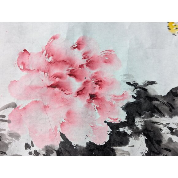 Vintage Japanese ink drawing Cherry blossom and butterflies on rice paper, - Picture 8 of 10